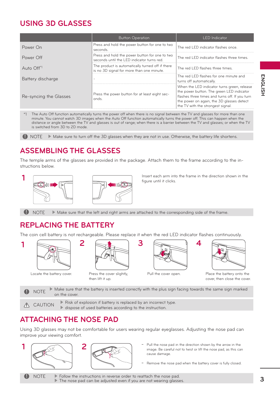Using 3d glasses, Assembling the glasses, Replacing the battery | Attaching the nose pad | LG AG-S360 User Manual | Page 3 / 6