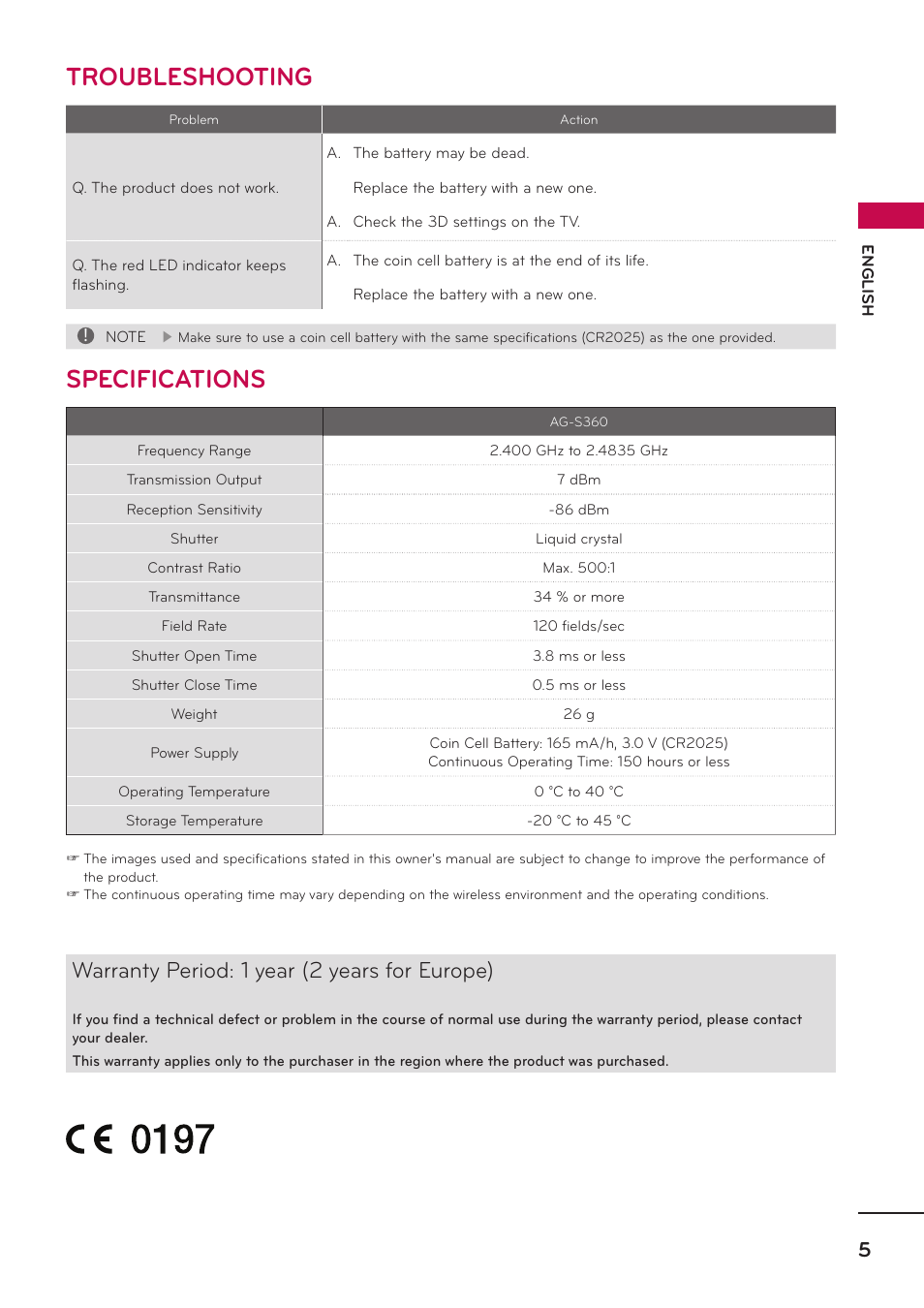 Troubleshooting, Specifications, Warranty period: 1 year (2 years for europe) | LG AG-S360 User Manual | Page 5 / 6