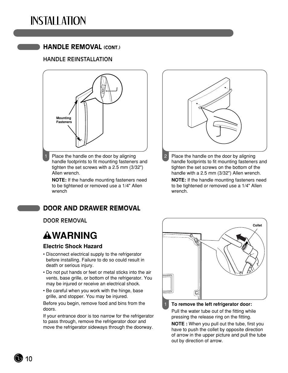 Wwarning, 10 handle removal, Door and drawer removal | LG LFX25961ST User Manual | Page 10 / 44