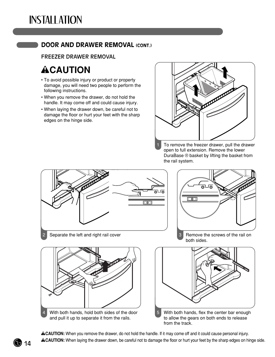 Wcaution, 14 door and drawer removal | LG LFX25961ST User Manual | Page 14 / 44