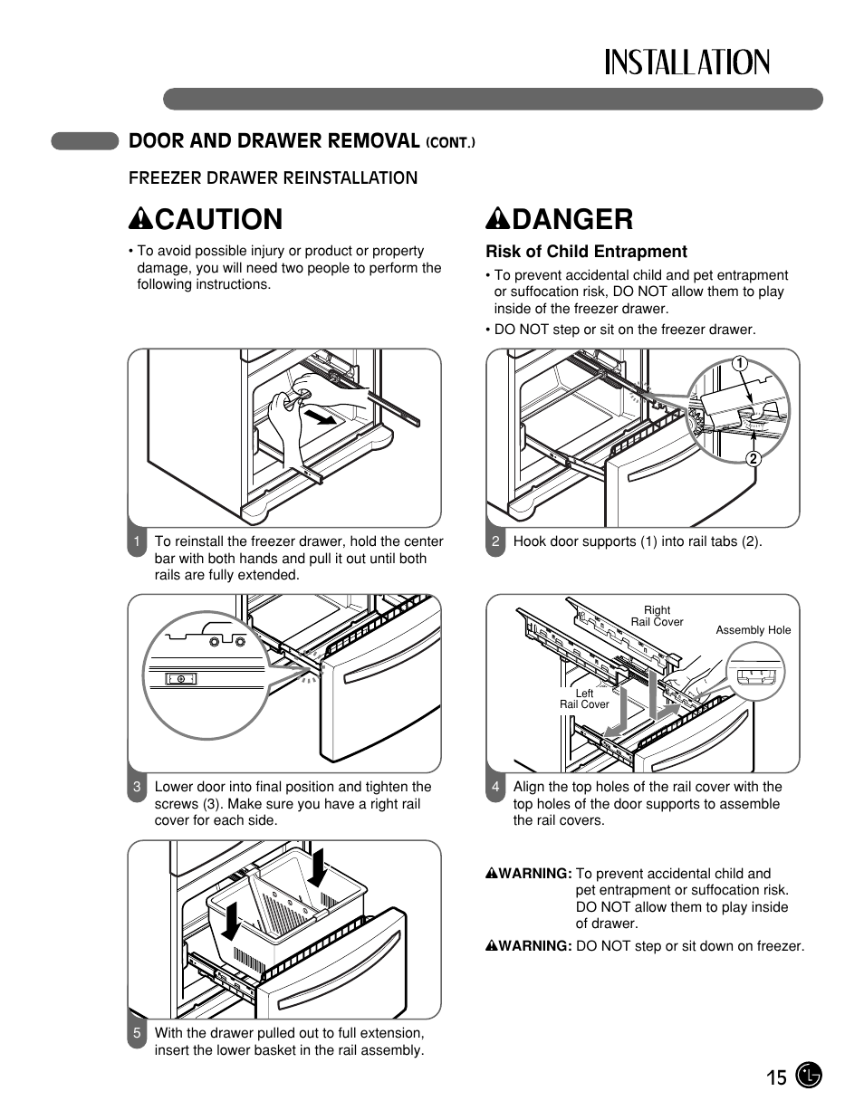 Wcaution, Wdanger, 15 door and drawer removal | LG LFX25961ST User Manual | Page 15 / 44