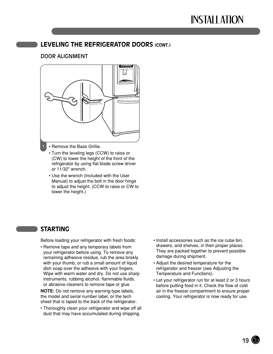 19 leveling the refrigerator doors, Starting | LG LFX25961ST User Manual | Page 19 / 44