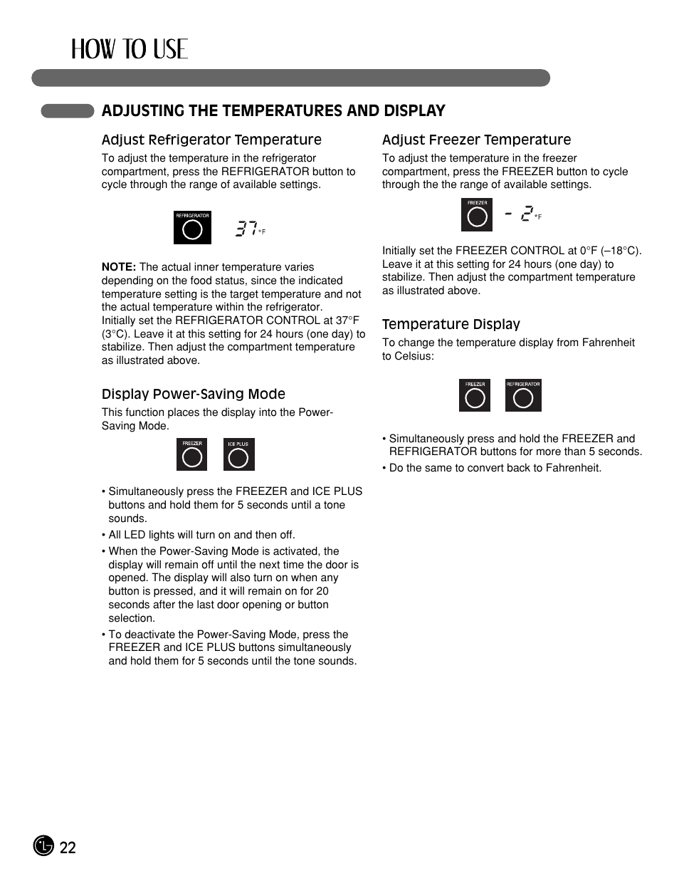 22 adjusting the temperatures and display | LG LFX25961ST User Manual | Page 22 / 44