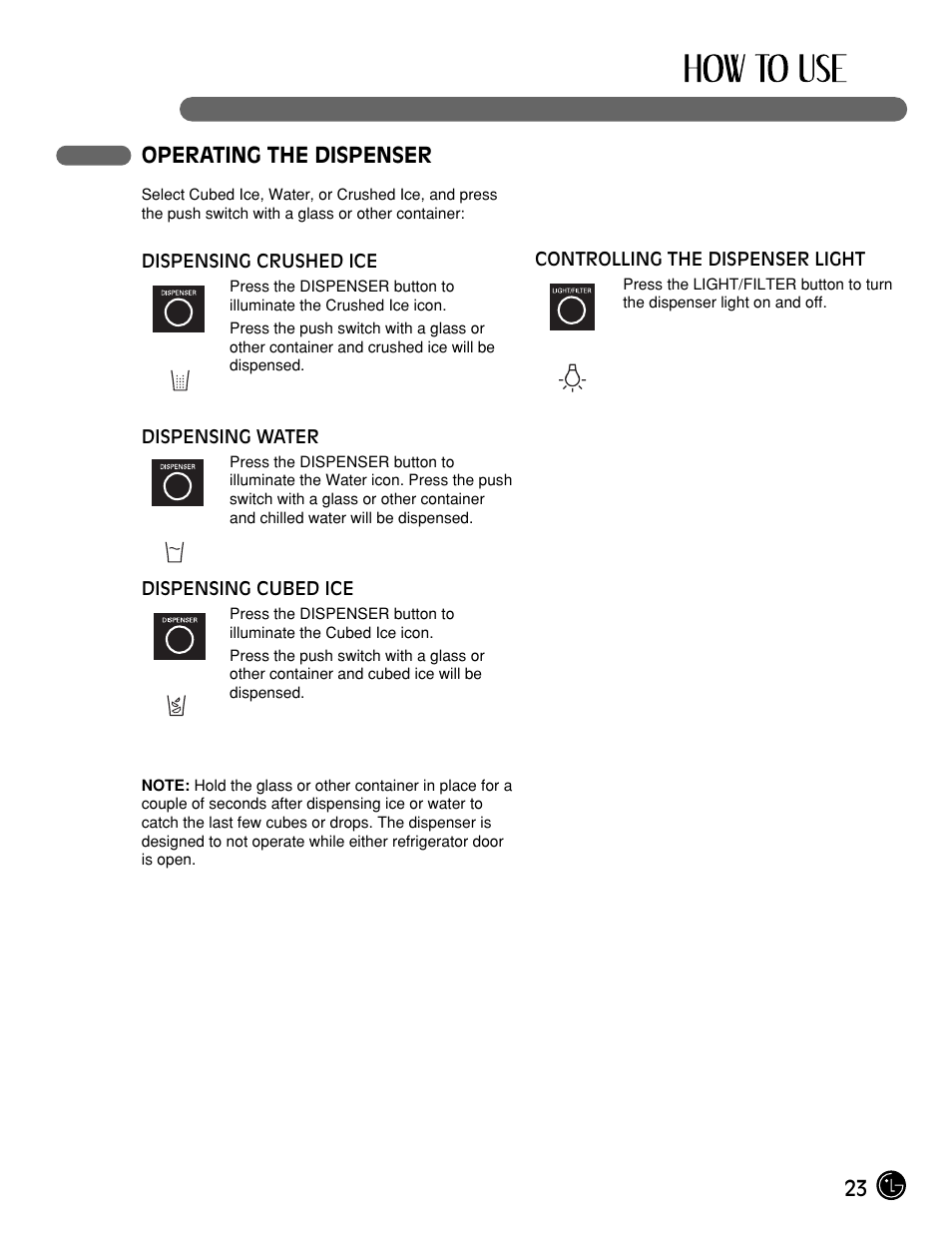 23 operating the dispenser | LG LFX25961ST User Manual | Page 23 / 44