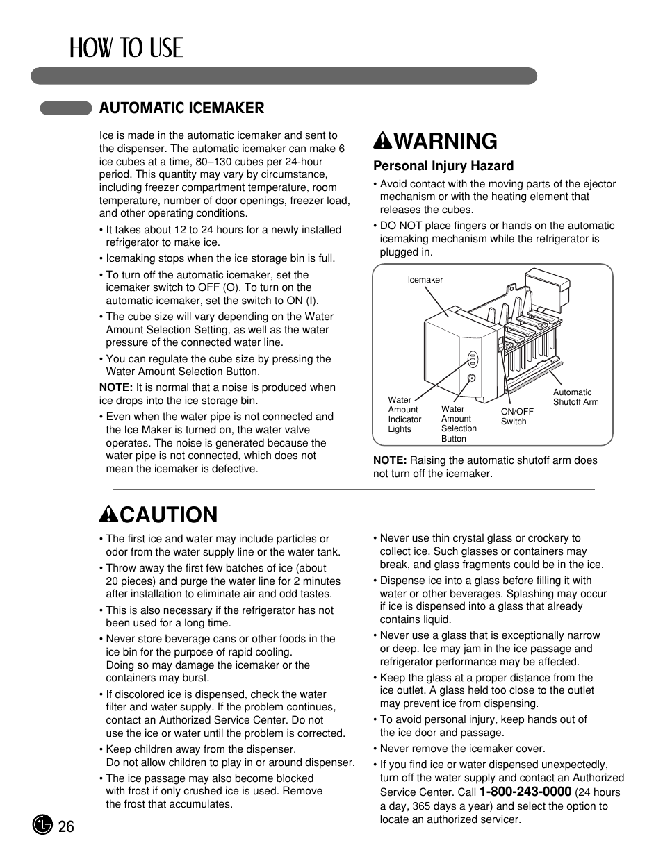 Wwarning, Wcaution, 26 automatic icemaker | LG LFX25961ST User Manual | Page 26 / 44