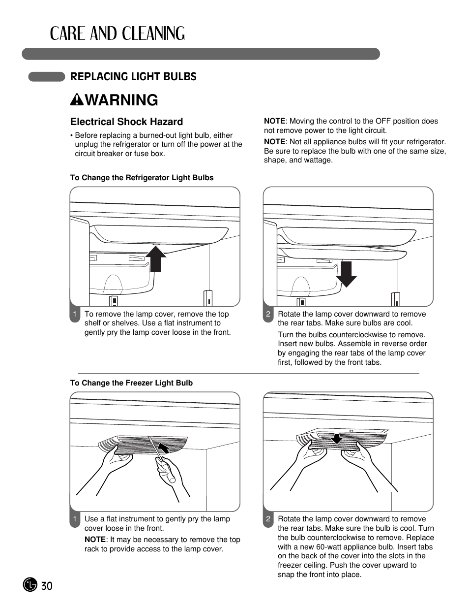 Wwarning, 30 replacing light bulbs | LG LFX25961ST User Manual | Page 30 / 44