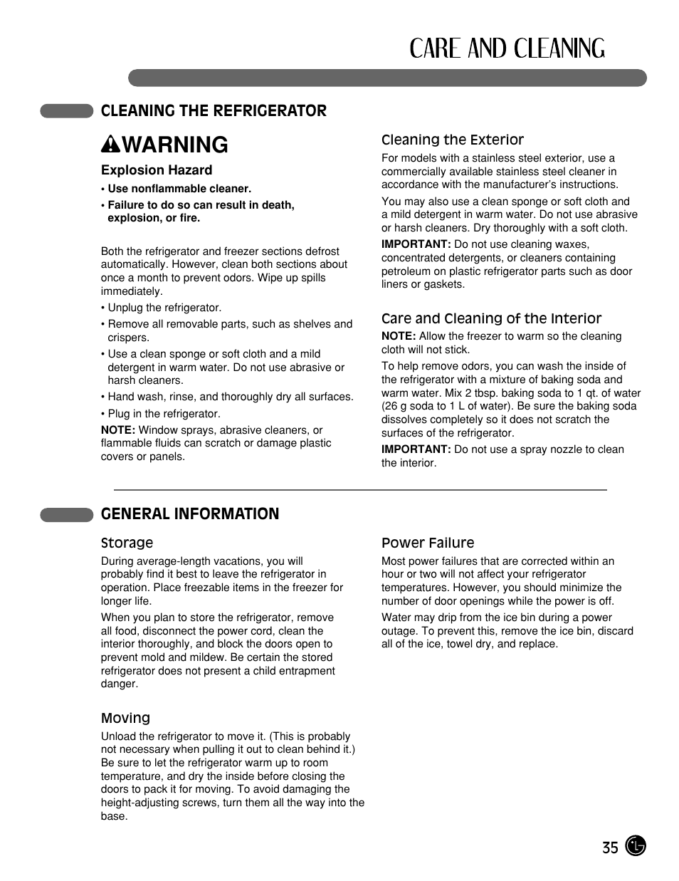 Wwarning, 35 cleaning the refrigerator general information | LG LFX25961ST User Manual | Page 35 / 44