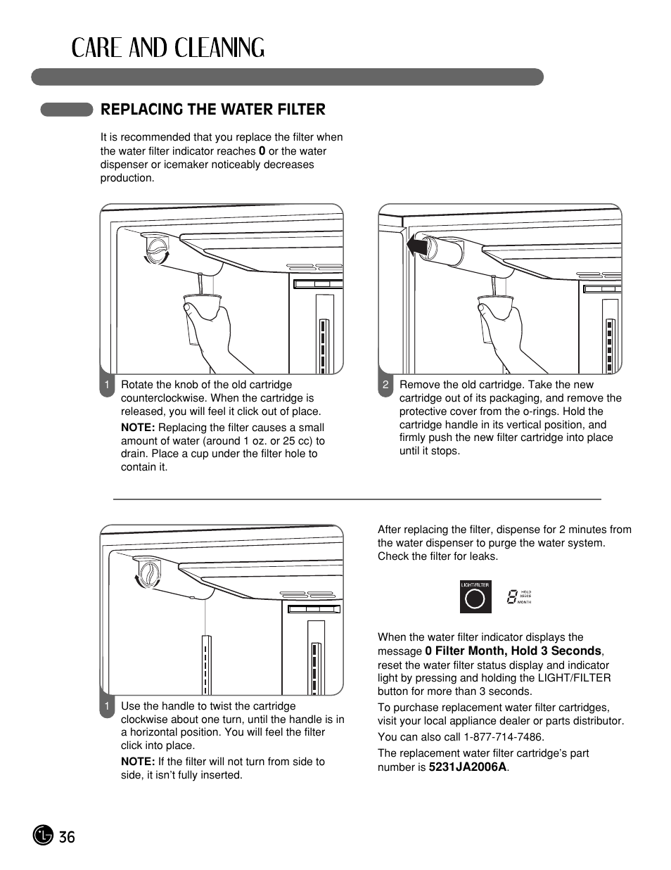 Replacing the water filter | LG LFX25961ST User Manual | Page 36 / 44