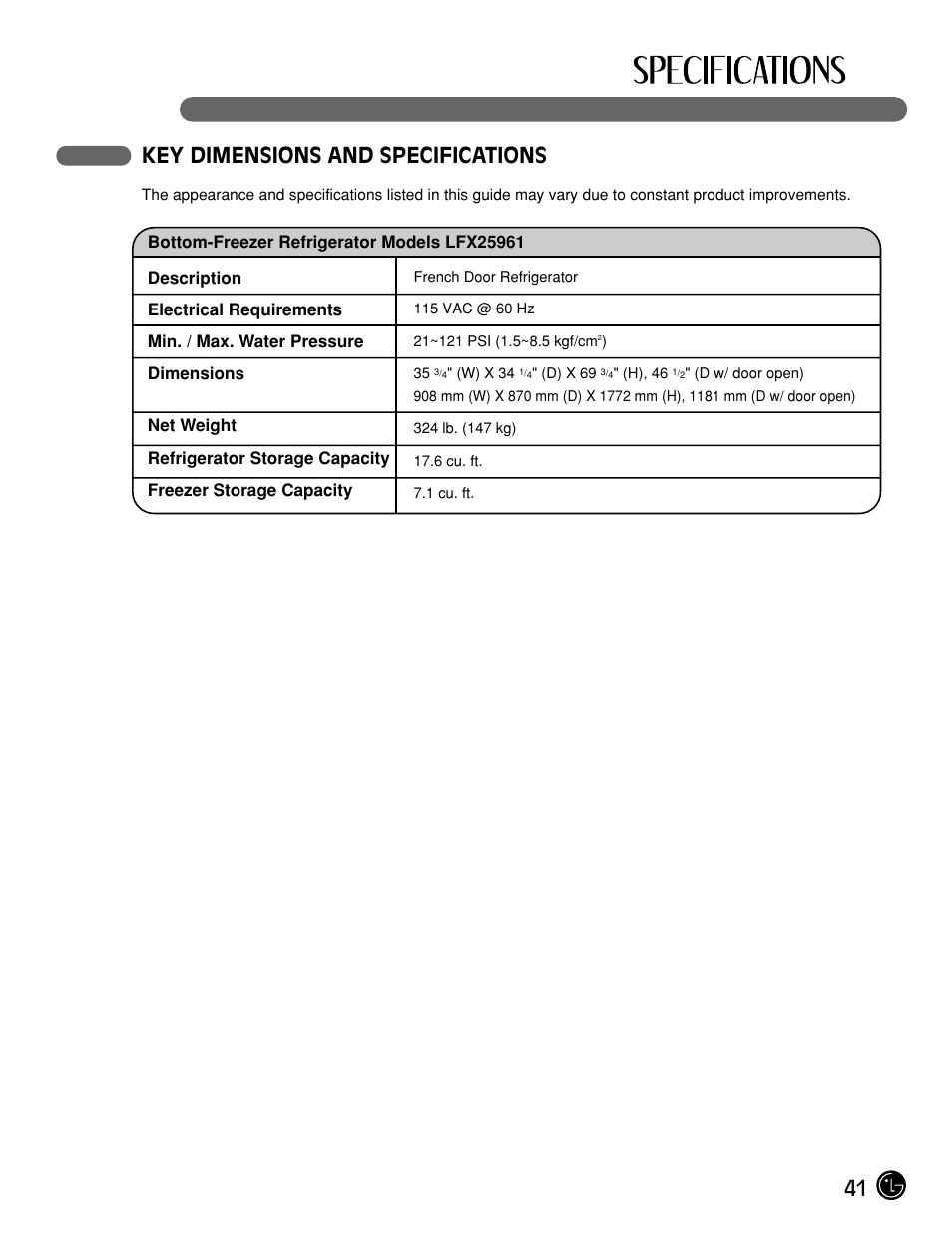 Key dimensions and specifications | LG LFX25961ST User Manual | Page 41 / 44