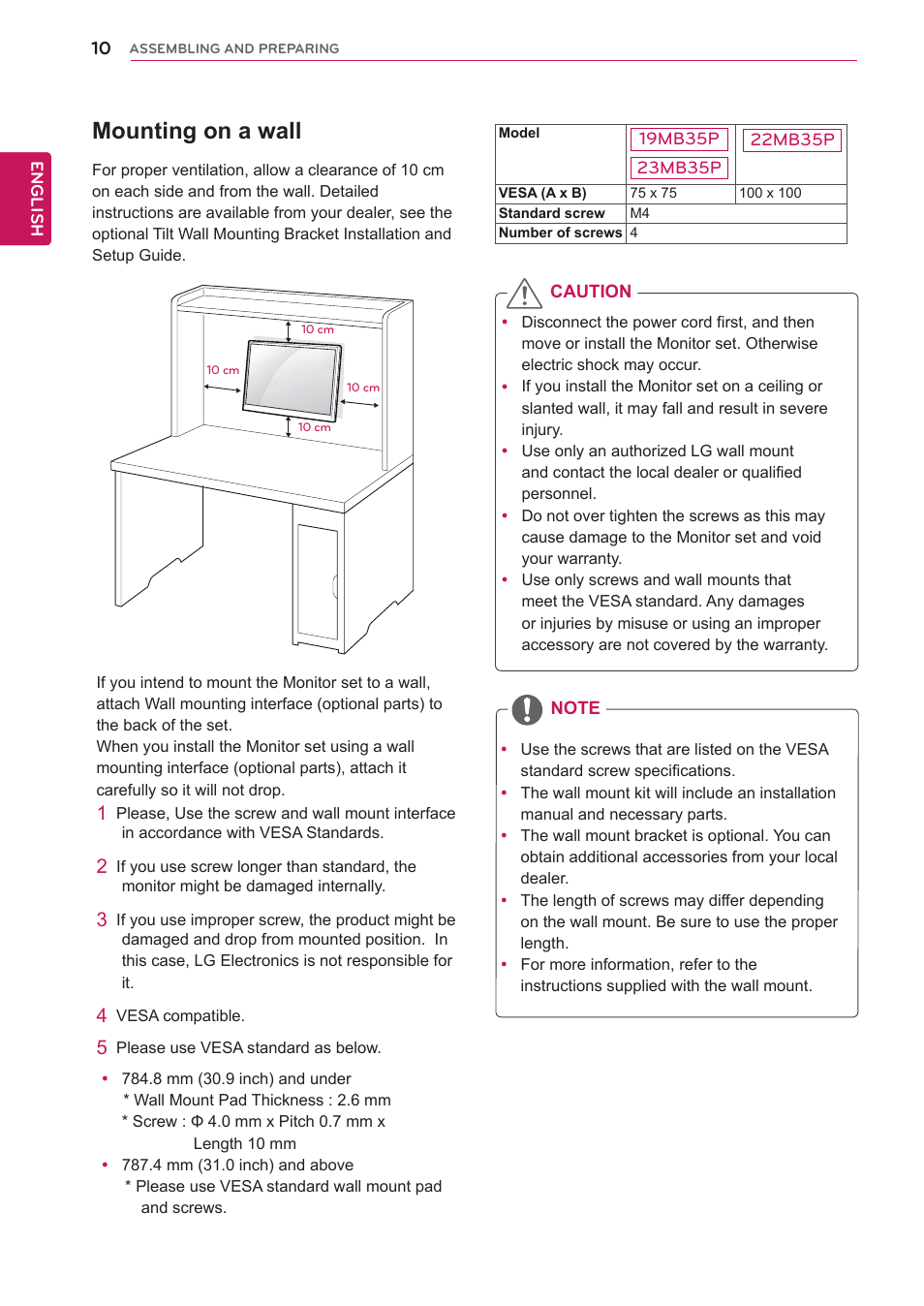 Mounting on a wall | LG 19MB35P-B User Manual | Page 10 / 28