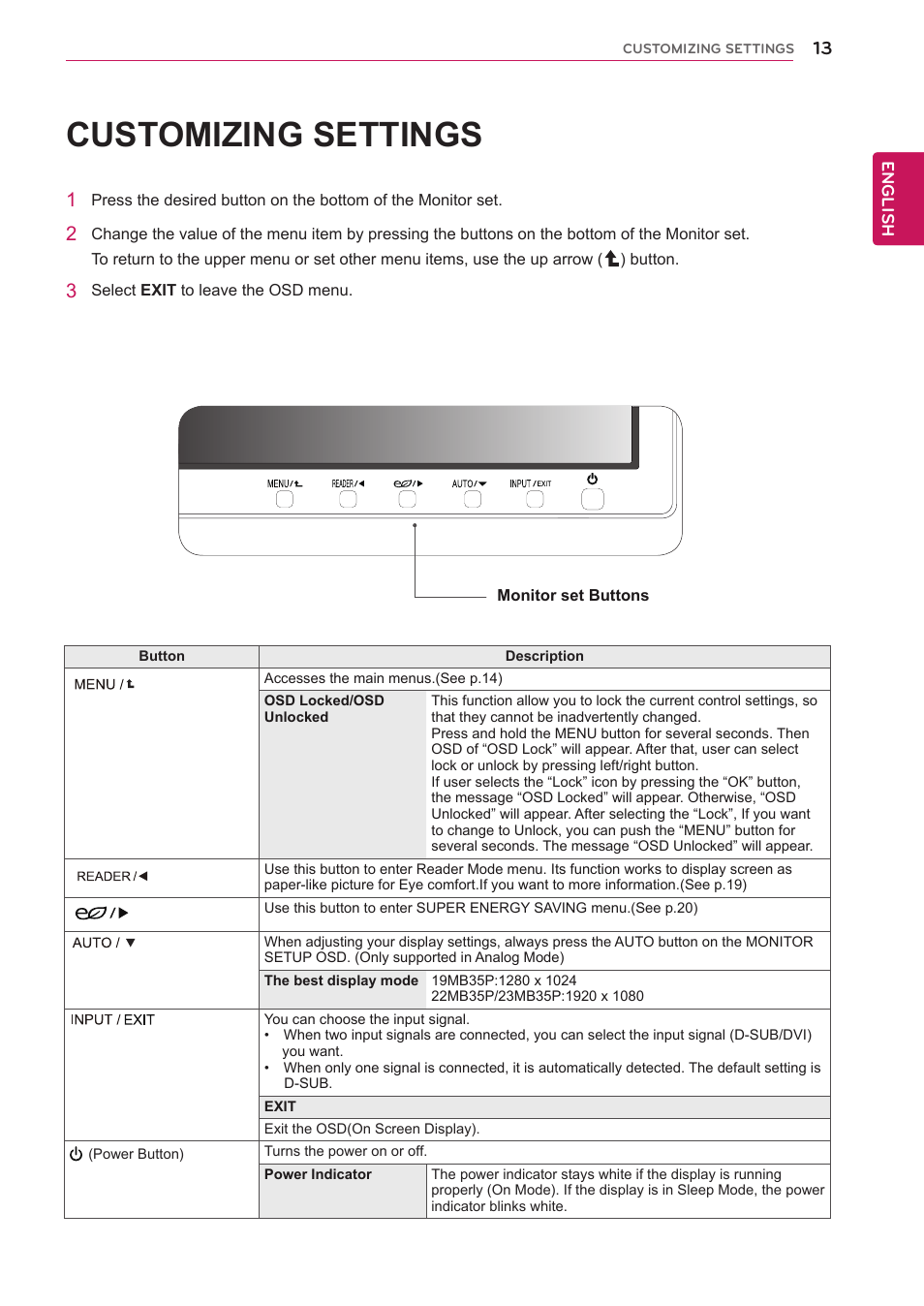 Customizing settings | LG 19MB35P-B User Manual | Page 13 / 28