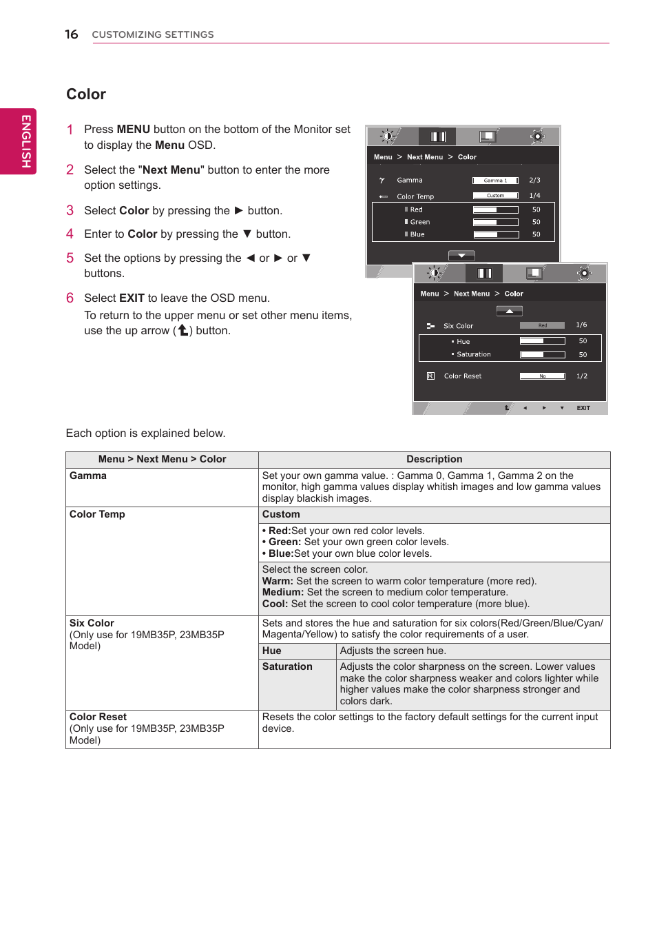 Color | LG 19MB35P-B User Manual | Page 16 / 28