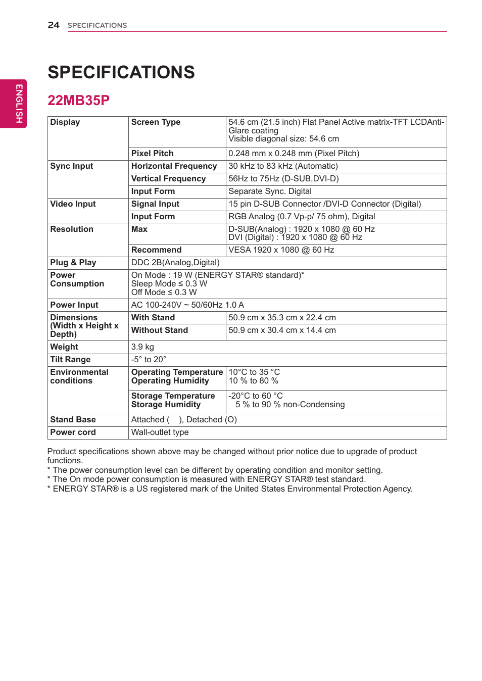 22mb35p, 24 22mb35p, Specifications | LG 19MB35P-B User Manual | Page 24 / 28