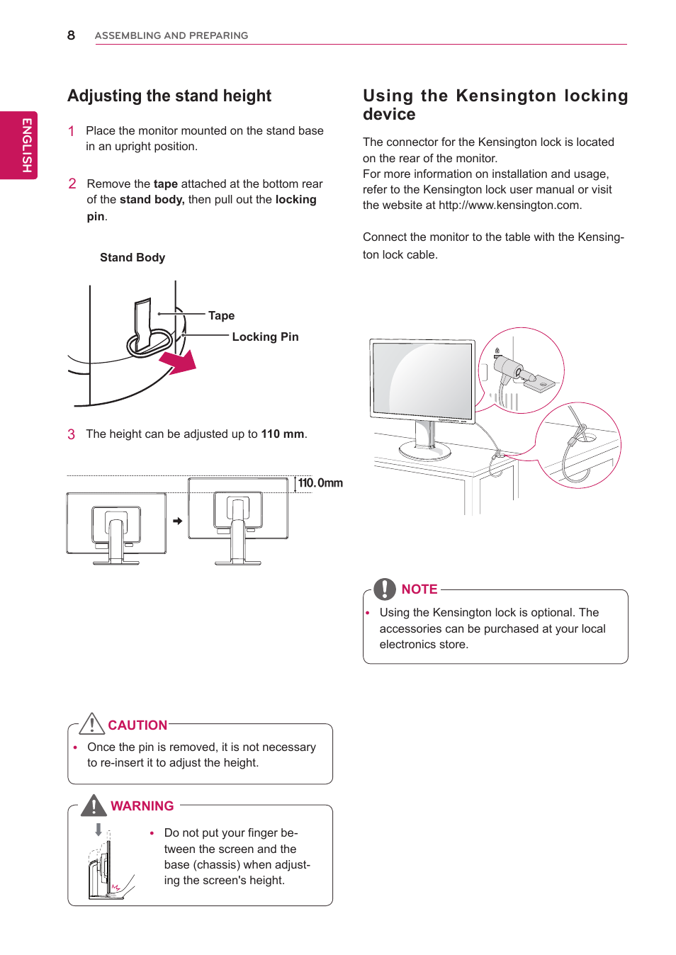 Adjusting the stand height, Using the kensington locking device | LG 19MB35P-B User Manual | Page 8 / 28