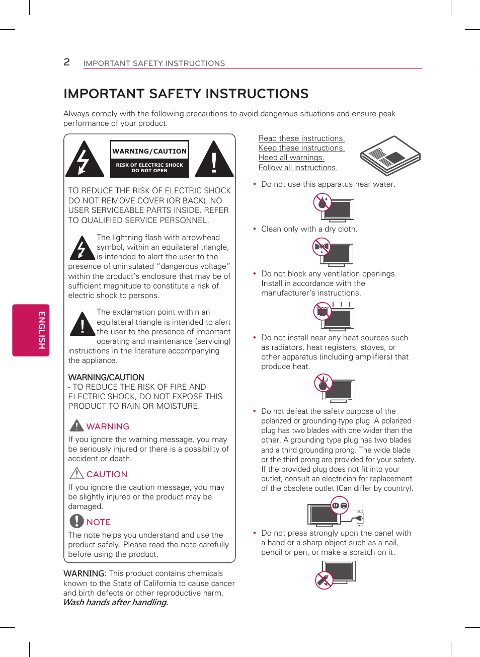 Important safety instructions, English, Warning | Caution | LG 60PN5700 User Manual | Page 2 / 52