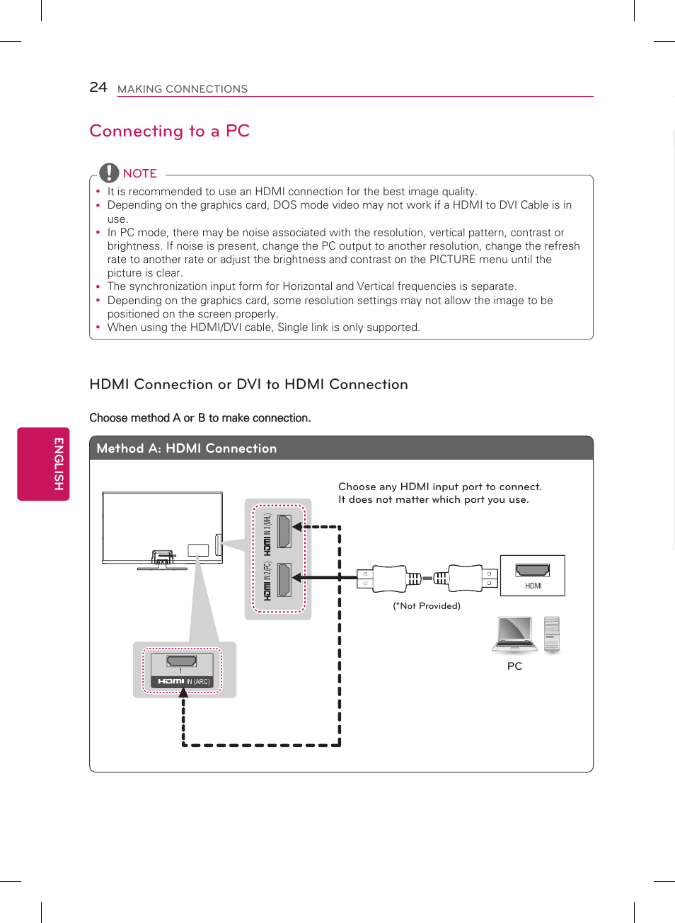 Connecting to a pc, Hdmi connection or dvi to hdmi connection, Method a: hdmi connection | Method b: dvi to hdmi connection, English | LG 60PN5700 User Manual | Page 24 / 52