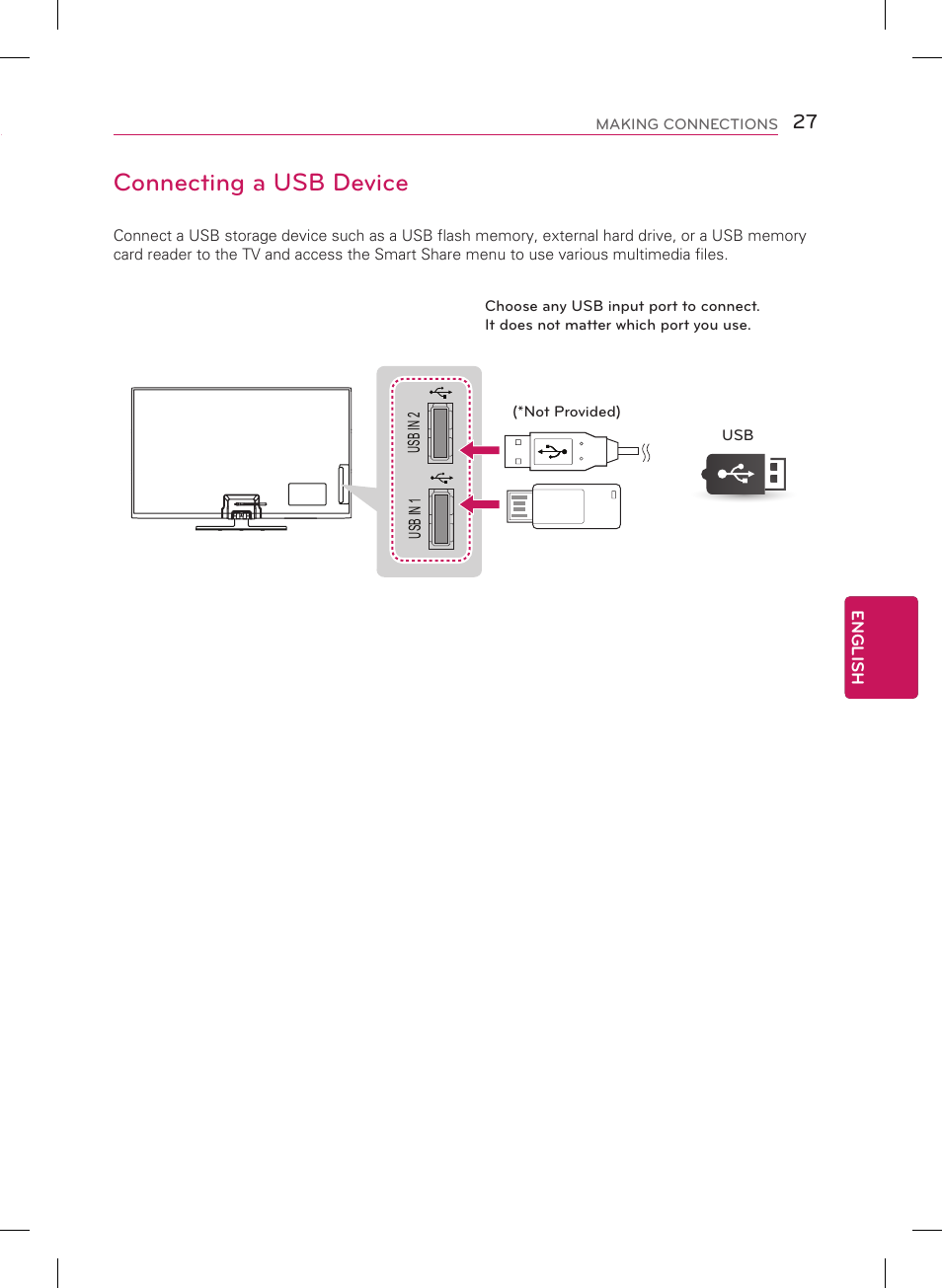 Connecting to an audio system, Connecting a usb device, Digital optical audio connection | LG 60PN5700 User Manual | Page 27 / 52