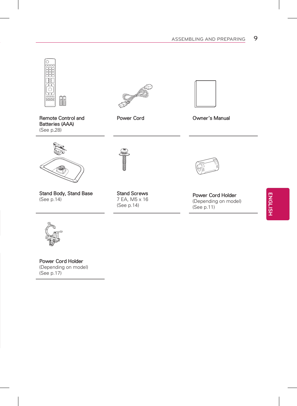 Installation procedure, Unpacking, English | Installation procedure / assembling and preparing, Assembling and preparing, Attach the stand to the tv set, Connect an external device to the tv set | LG 60PN5700 User Manual | Page 9 / 52