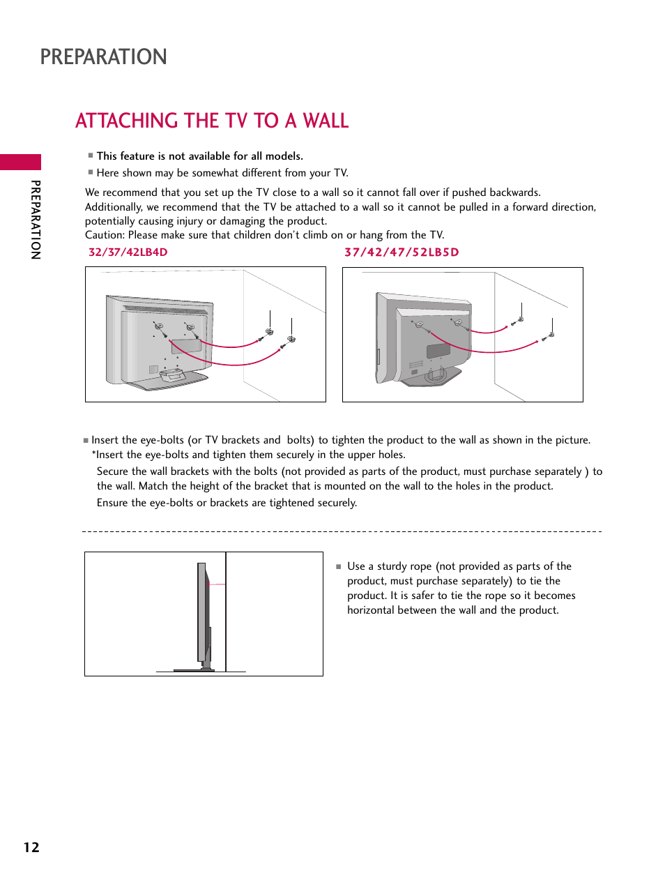 Attaching the tv to a wall, Preparation | LG 42LB4DS User Manual | Page 14 / 110
