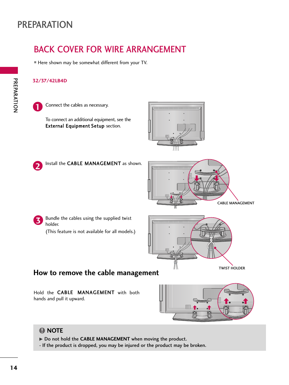 Back cover for wire arrangement, 32/37/42lb4d, Preparation | How to remove the cable management | LG 42LB4DS User Manual | Page 16 / 110