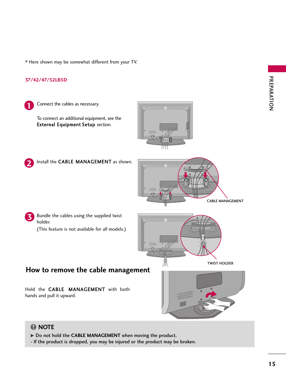 37/42/47/52lb5d, How to remove the cable management | LG 42LB4DS User Manual | Page 17 / 110