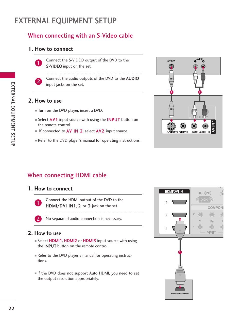 When connecting with an s-video cable, When connecting hdmi cable, External equipment setup | How to connect 2. how to use | LG 42LB4DS User Manual | Page 24 / 110