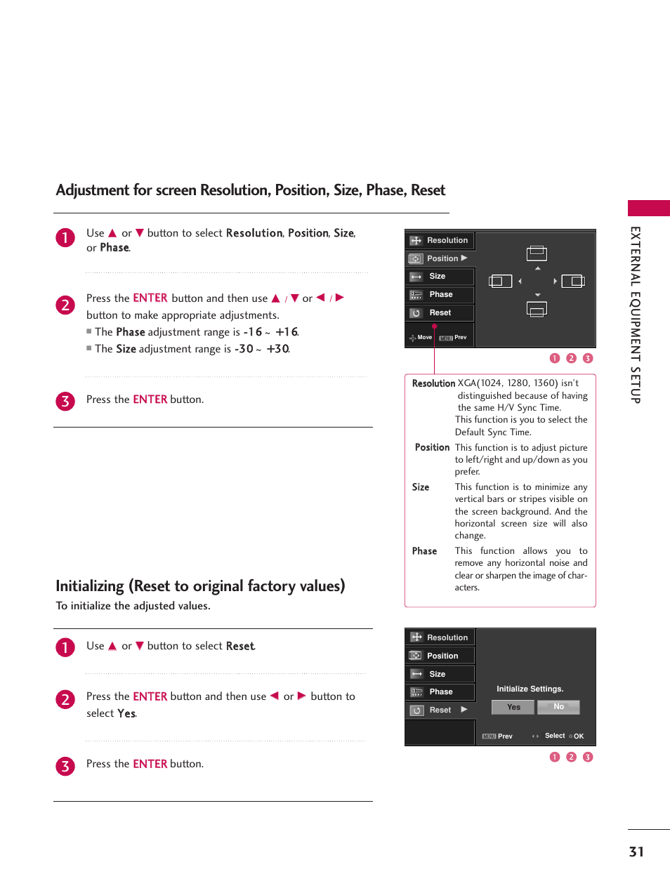 Initializing (reset to original factory values), External eq uipment setup | LG 42LB4DS User Manual | Page 33 / 110