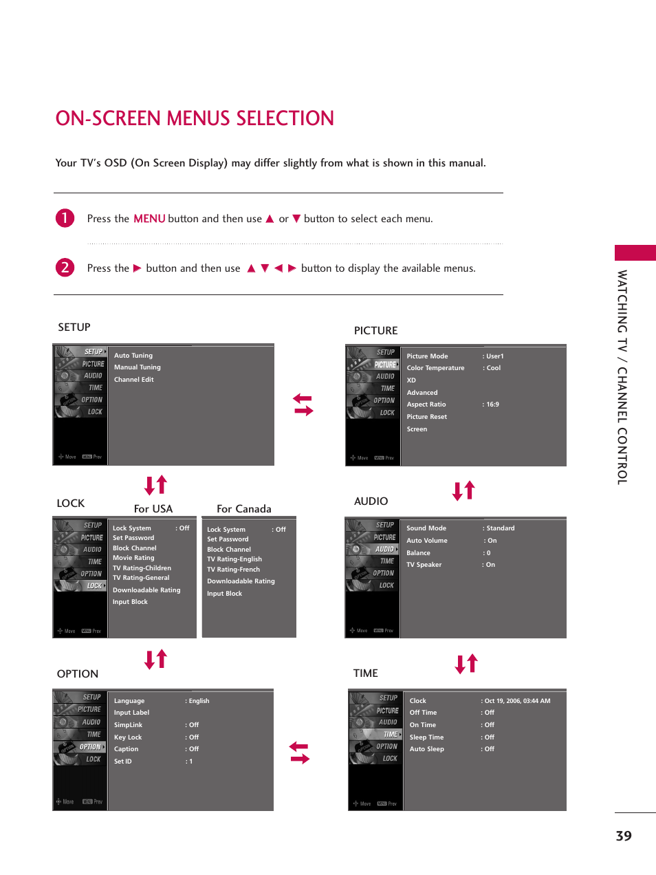 On-screen menus selection, Wa tching tv / channel contr ol, Press the m me en nu u button and then use | Button to select each menu. press the, Button and then use, Audio, Option lock, For usa for canada | LG 42LB4DS User Manual | Page 41 / 110