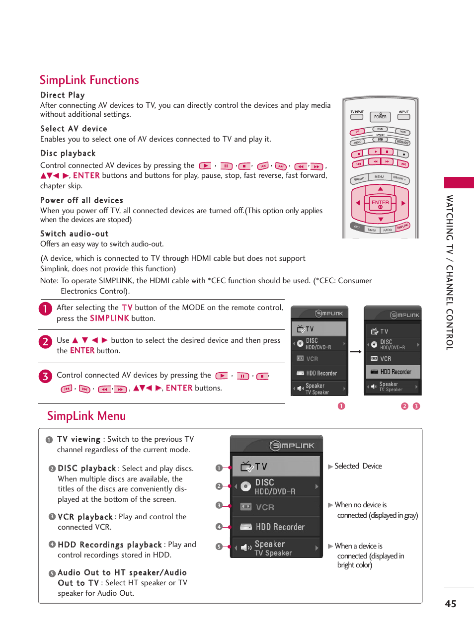 Simplink functions, Simplink menu, Wa tching tv / channel contr ol | LG 42LB4DS User Manual | Page 47 / 110