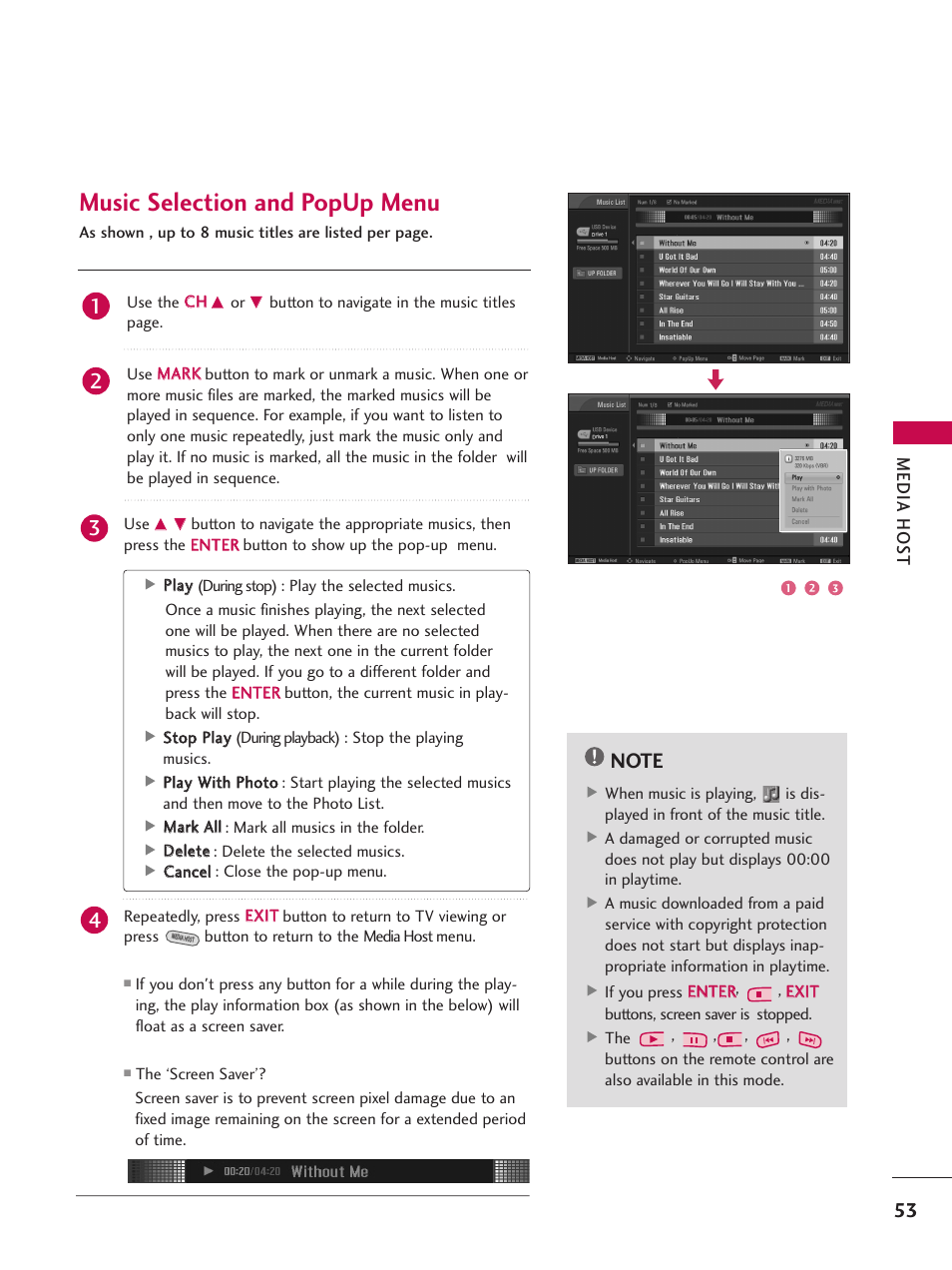 Music selection and popup menu | LG 42LB4DS User Manual | Page 55 / 110
