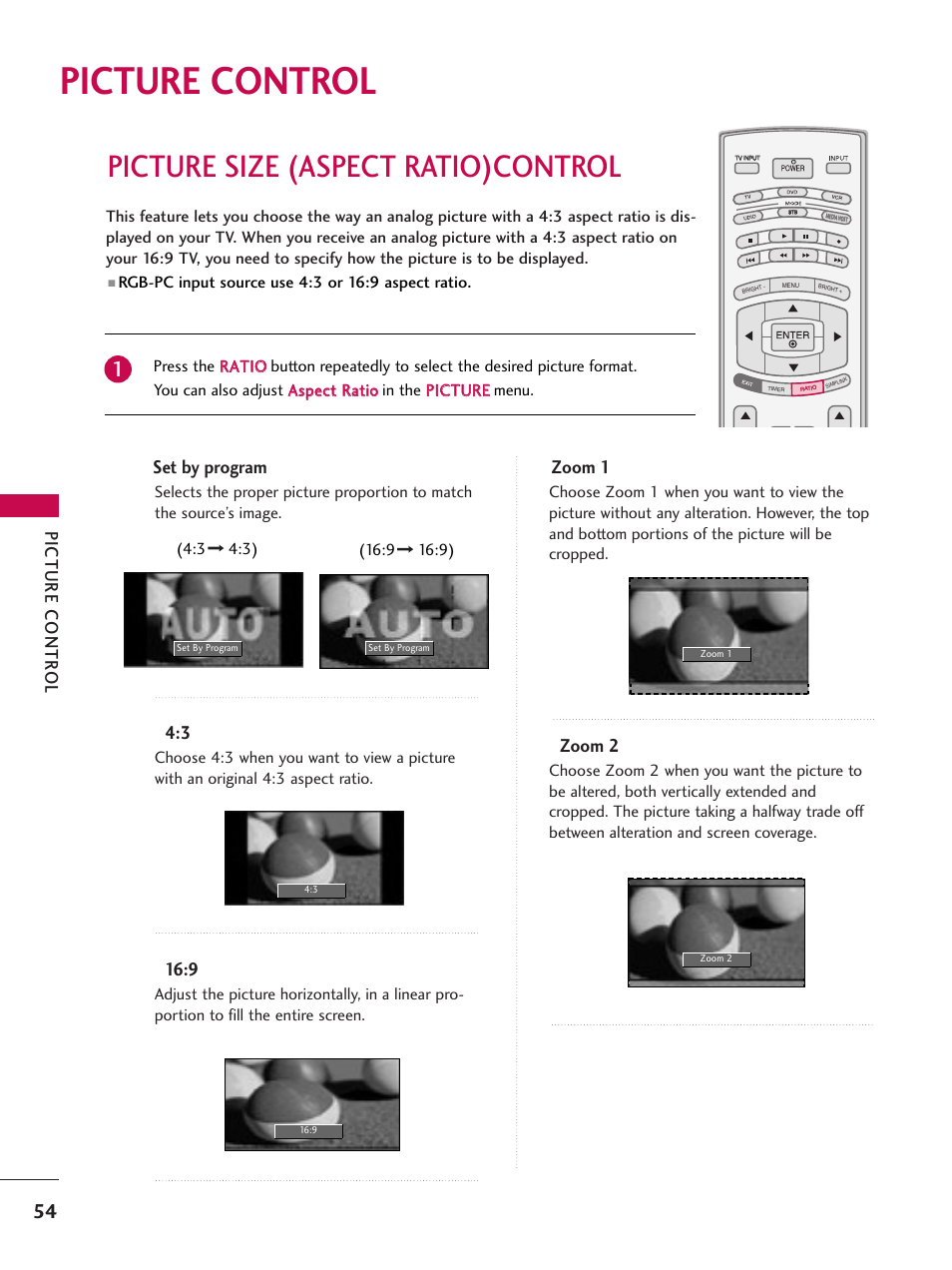 Picture control, Picture size (aspect ratio)control, Picture contr ol | Set by program, Zoom 1, Zoom 2 | LG 42LB4DS User Manual | Page 56 / 110