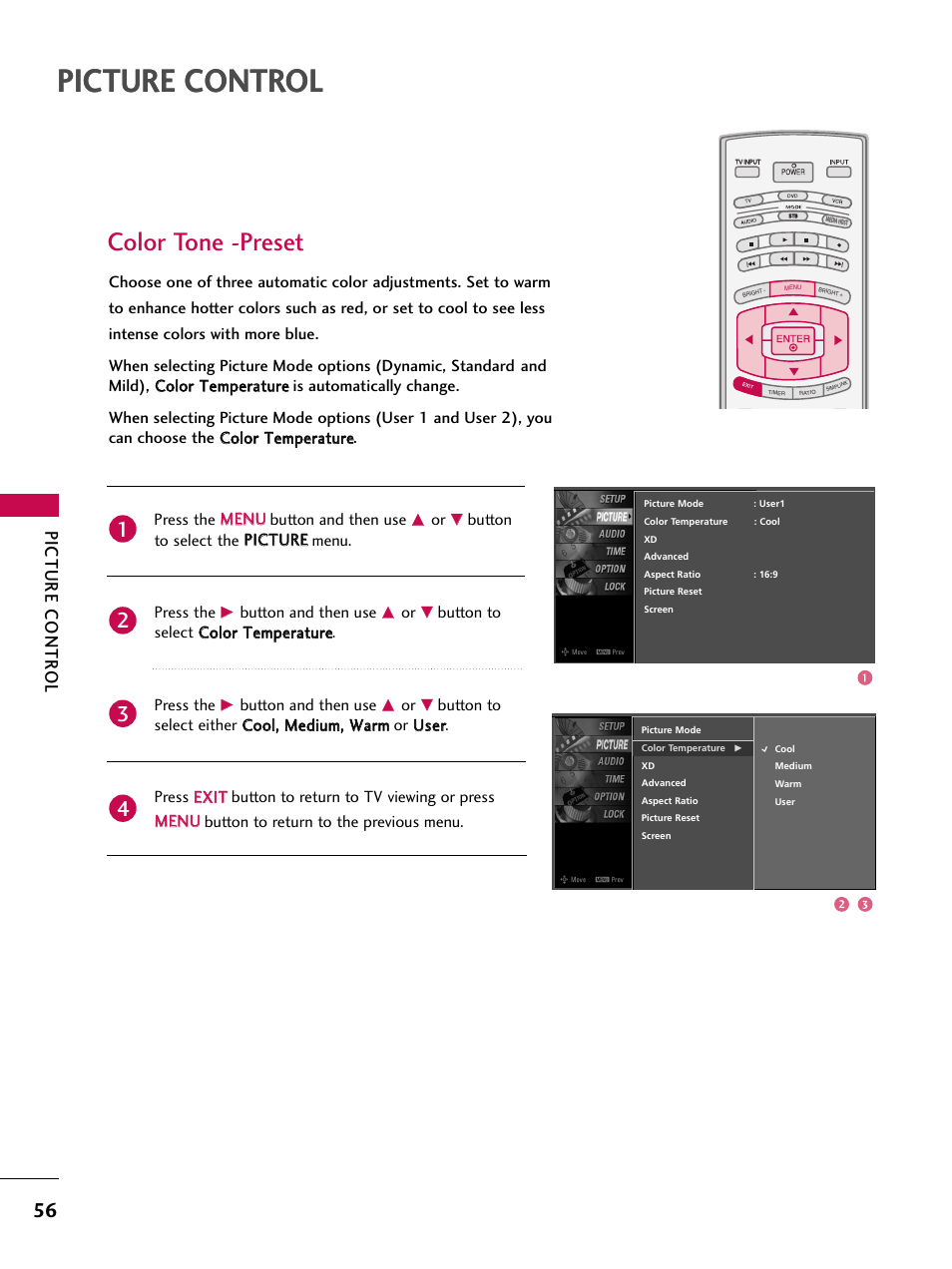 Color tone -preset, Picture control, Picture contr ol | Button and then use | LG 42LB4DS User Manual | Page 58 / 110