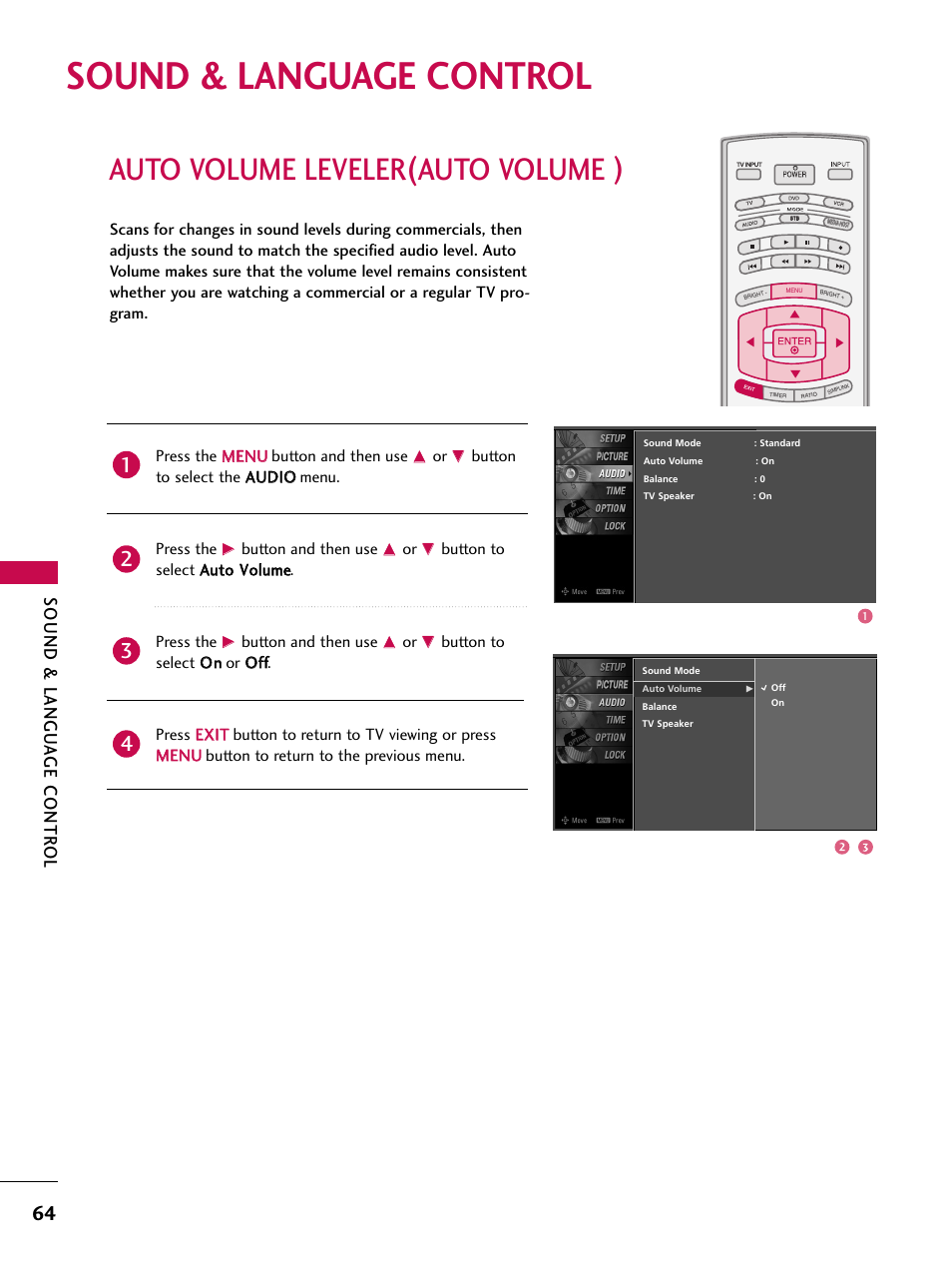 Sound & language control, Auto volume leveler(auto volume), Auto volume leveler(auto volume | Sound & langu a ge contr ol, Press the m me en nu u button and then use, Button and then use | LG 42LB4DS User Manual | Page 66 / 110