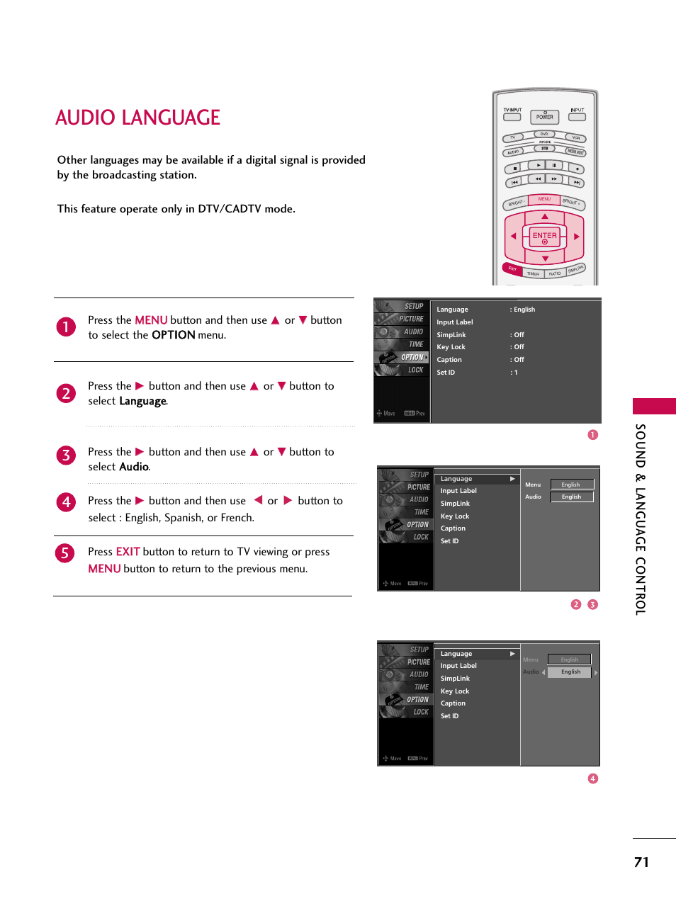 Audio language, Sound & langu a ge contr ol, Press the m me en nu u button and then use | Button and then use, Button to select llaan ng gu uaag gee. press the, Button to select a au ud diio o. press the | LG 42LB4DS User Manual | Page 73 / 110