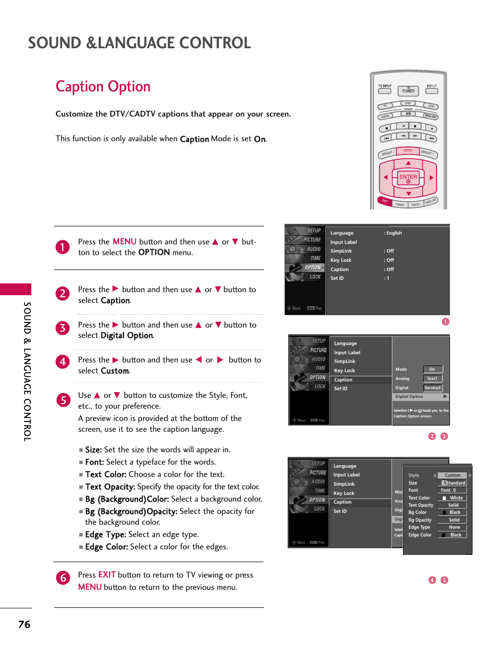 Caption option, Sound &language control, Sound & langu a ge contr ol | Press the m me en nu u button and then use, Button and then use, Button to select c caap pttiio on n. press the, Ssiizzee:: set the size the words will appear in, Ffo on ntt:: select a typeface for the words, Eed dg gee t ty yp pee:: select an edge type | LG 42LB4DS User Manual | Page 78 / 110