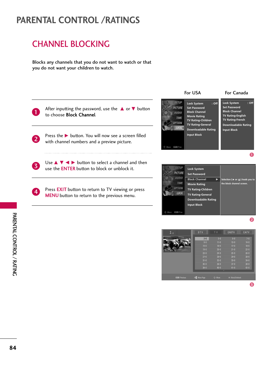 Channel blocking, Parental control /ratings, Parent al contr ol / r ating | LG 42LB4DS User Manual | Page 86 / 110
