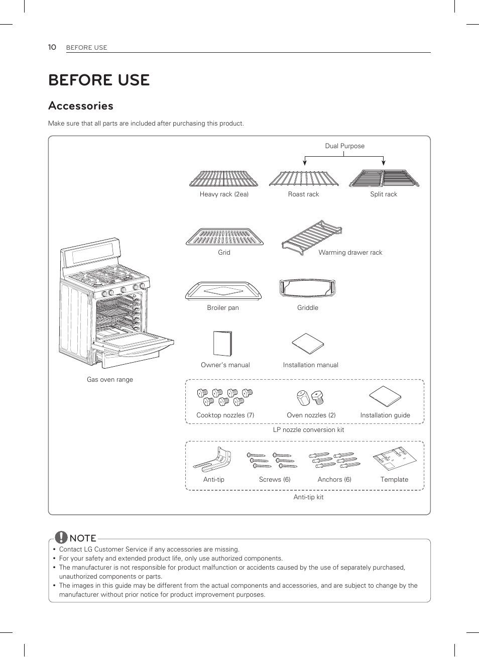 Before use, Accessories | LG LSRG309ST User Manual | Page 10 / 92