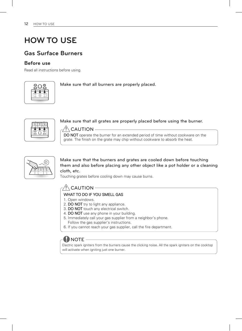 How to use, Gas surface burners, Before use | LG LSRG309ST User Manual | Page 12 / 92