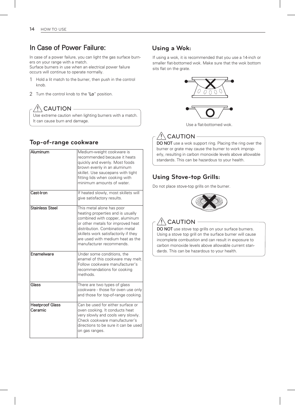 Top-of-range cookware, Using a wok: using stove-top grills, Caution | LG LSRG309ST User Manual | Page 14 / 92