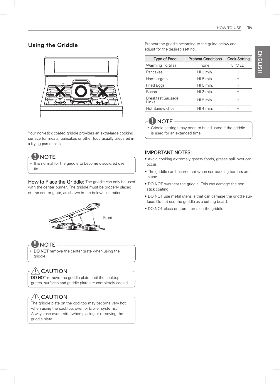 Using the griddle, Caution, English | LG LSRG309ST User Manual | Page 15 / 92