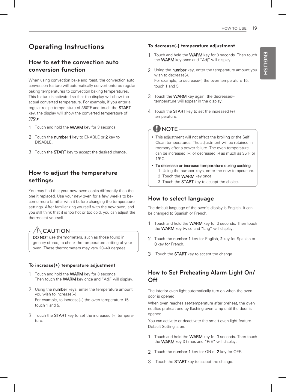 Operating instructions, How to set the convection auto conversion function, How to select language | How to set preheating alarm light on/ off, How to adjust the temperature settings, Caution, English | LG LSRG309ST User Manual | Page 19 / 92