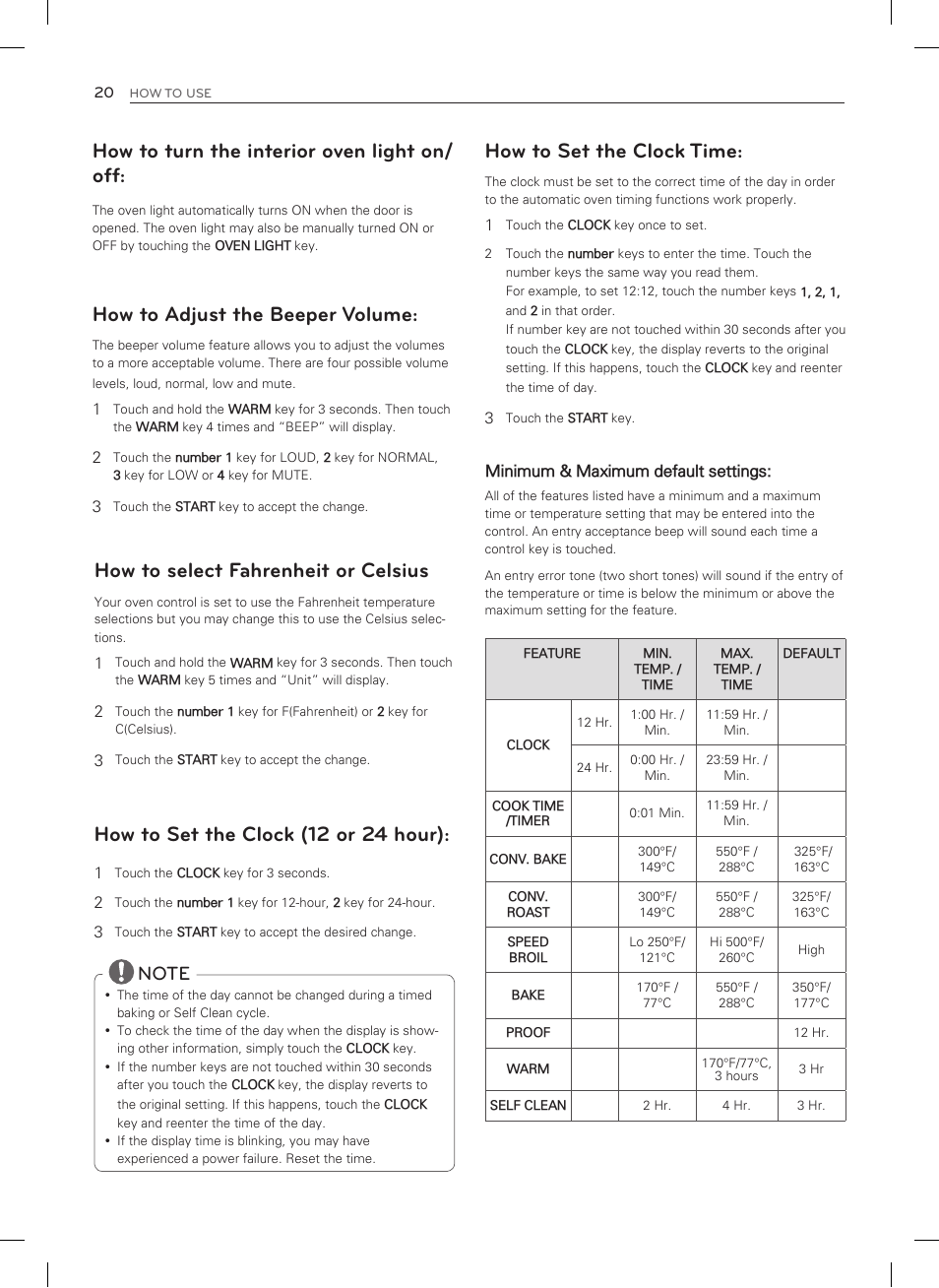 How to select fahrenheit or celsius, How to turn the interior oven light on/ off, How to adjust the beeper volume | How to set the clock (12 or 24 hour), How to set the clock time | LG LSRG309ST User Manual | Page 20 / 92