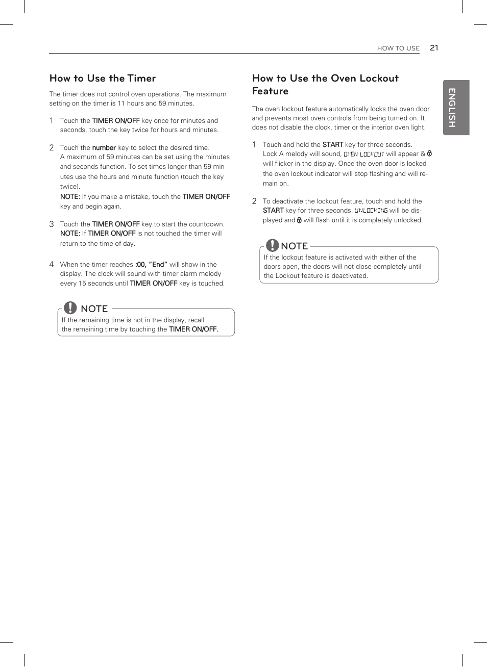How to use the timer, How to use the oven lockout feature | LG LSRG309ST User Manual | Page 21 / 92