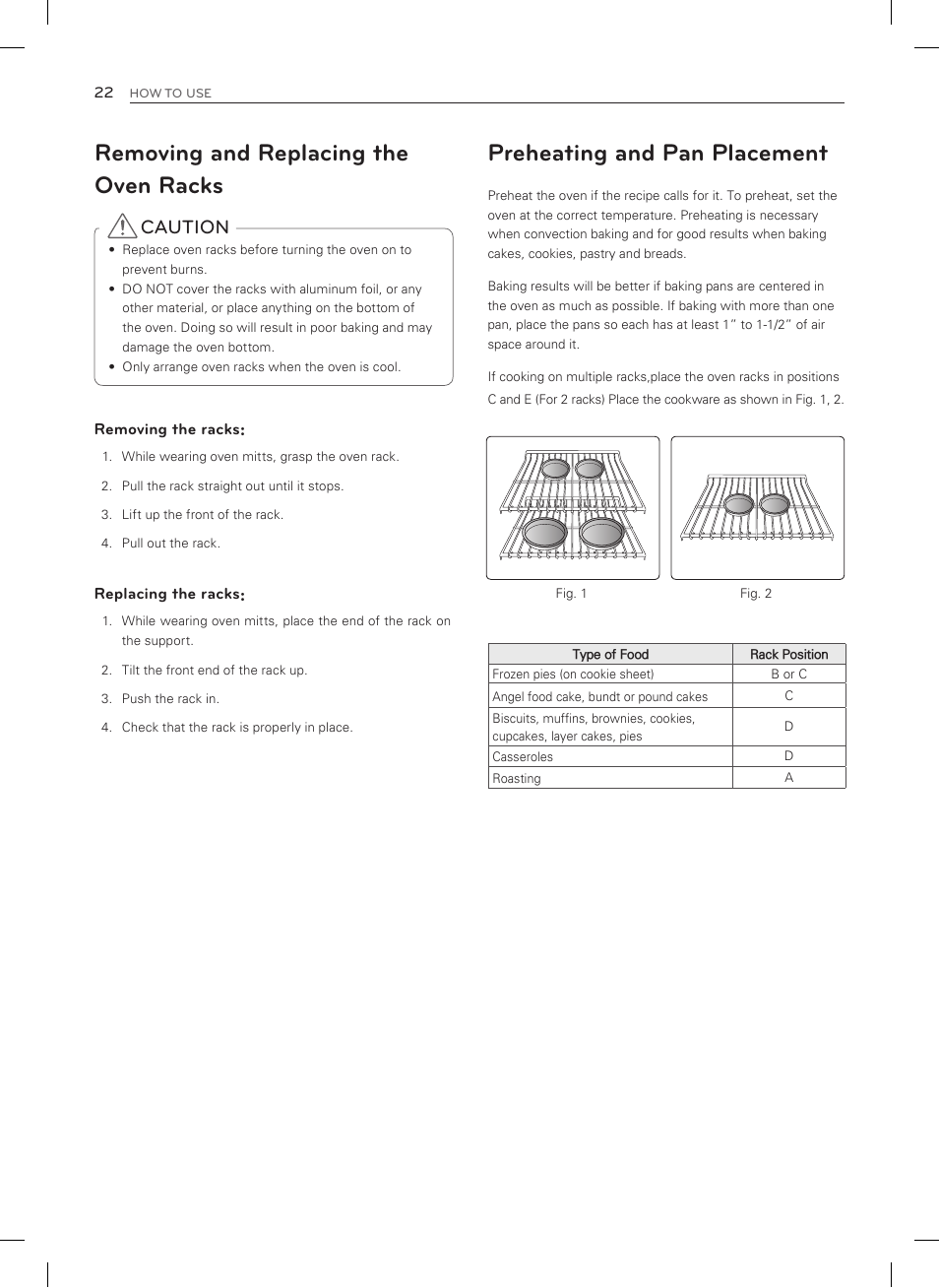 Preheating and pan placement, Removing and replacing the oven racks, Caution | LG LSRG309ST User Manual | Page 22 / 92