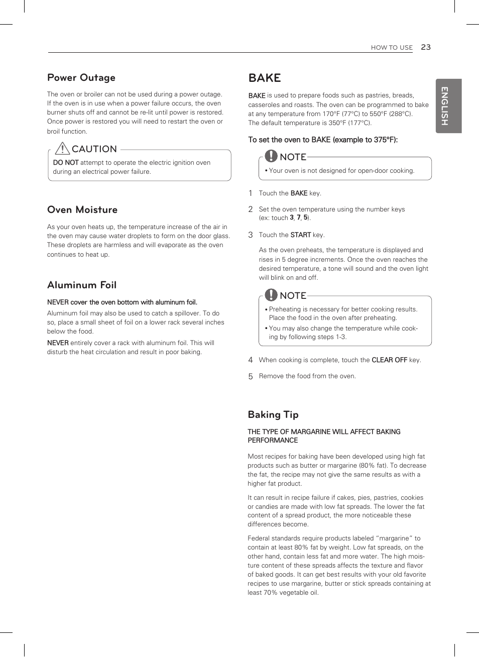 Bake, Power outage, Oven moisture | Aluminum foil, Baking tip, Caution | LG LSRG309ST User Manual | Page 23 / 92