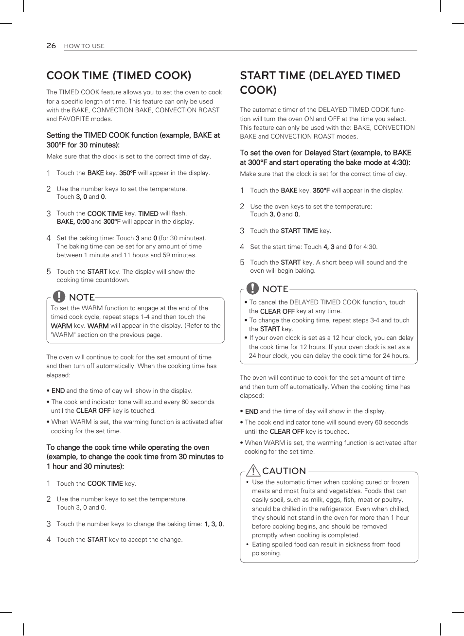 Cook time (timed cook), Start time (delayed timed cook), Caution | LG LSRG309ST User Manual | Page 26 / 92