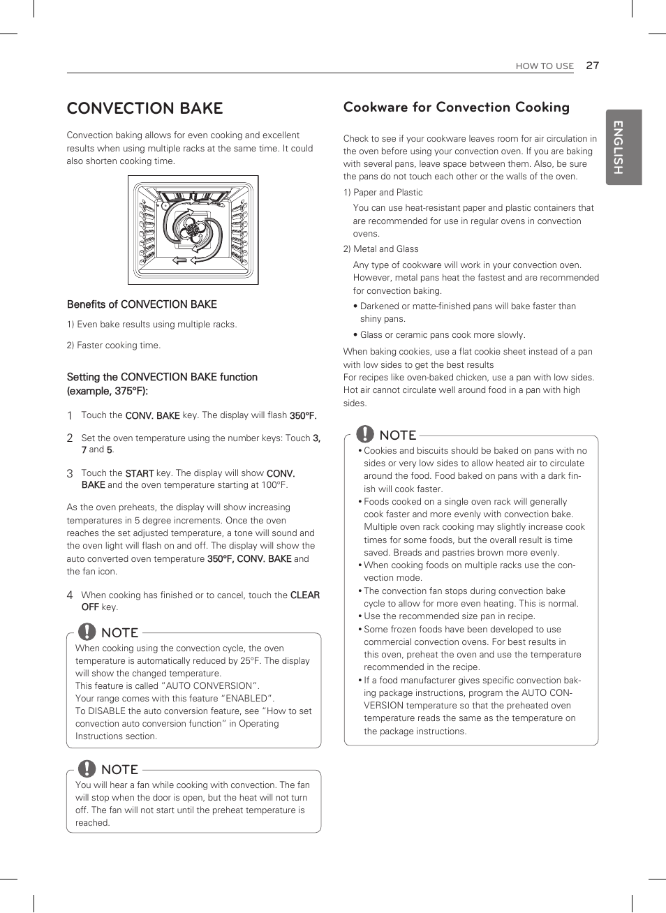 Convection bake, Cookware for convection cooking, English | LG LSRG309ST User Manual | Page 27 / 92