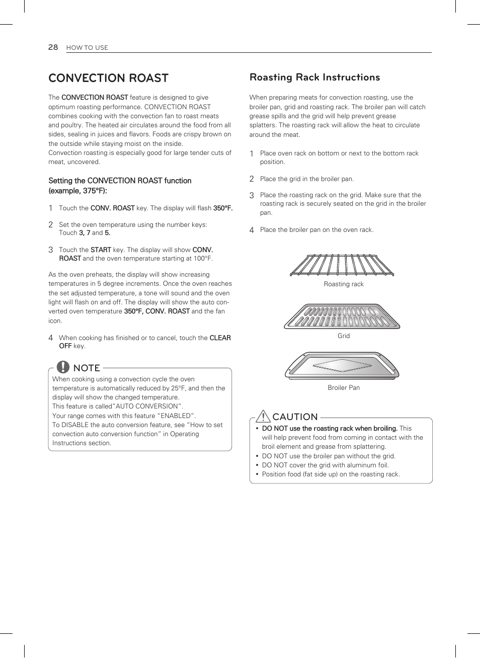 Convection roast, Roasting rack instructions, Caution | LG LSRG309ST User Manual | Page 28 / 92