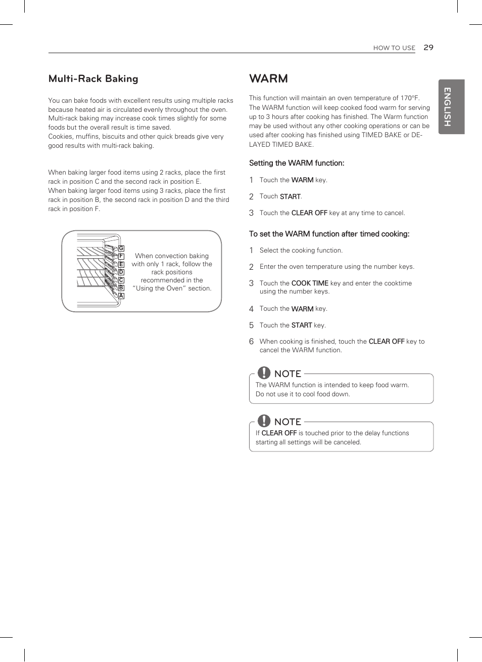 Warm, Multi-rack baking | LG LSRG309ST User Manual | Page 29 / 92