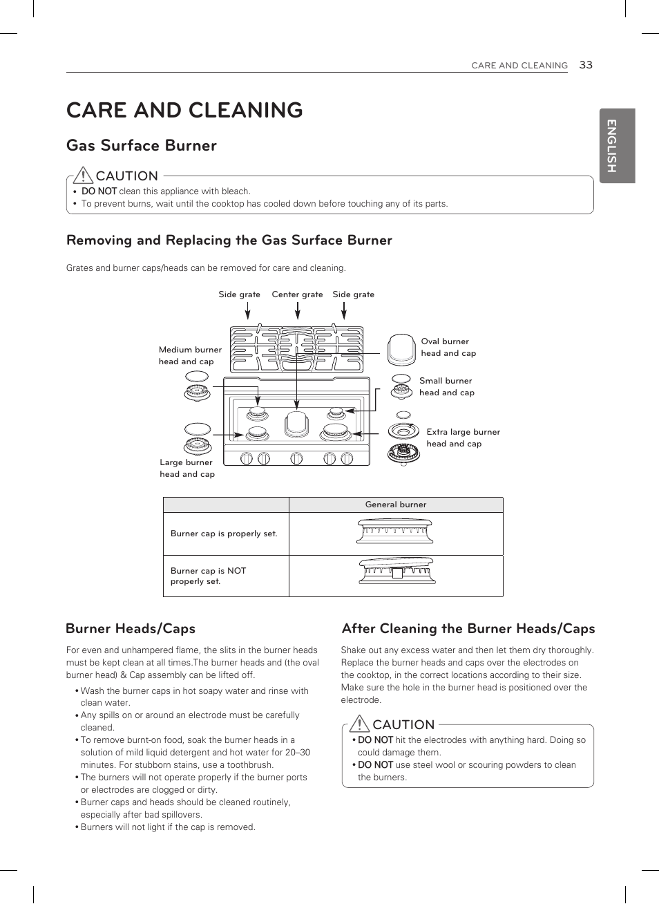 Care and cleaning, Gas surface burner, Removing and replacing the gas surface burner | Burner heads/caps, After cleaning the burner heads/caps, Caution, English | LG LSRG309ST User Manual | Page 33 / 92